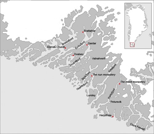 Mappa dell'insediamento orientale vichingo in Groenlandia